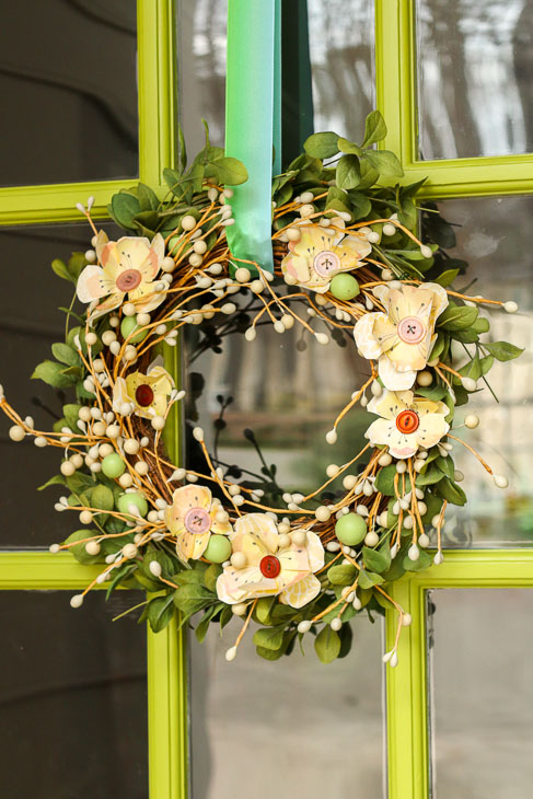 Pretty Yellow Scrapbook flower wreath on green door