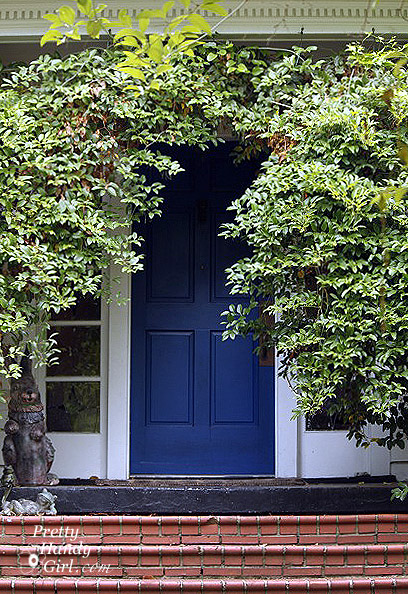Honorable Blue by Sherwin Williams - Dark Blue Door with climbing vines over the front door