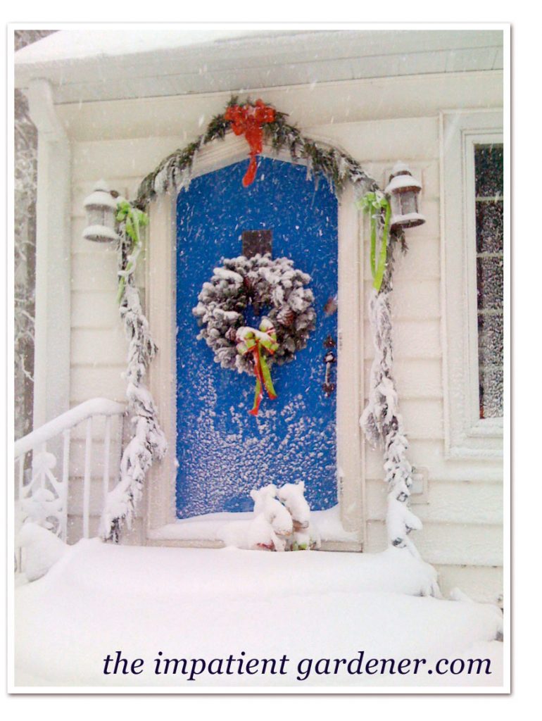 Blue Chip by Sherwin Williams - White House with royal blue front door decorated for the holidays with snowfall