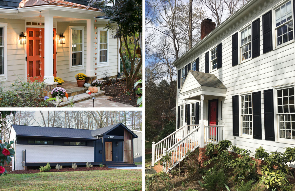 three houses with amazing curb appeal. White house with black shutters, 1 black and white modern house with wood accents, and one cream colored house with bright coral front door.
