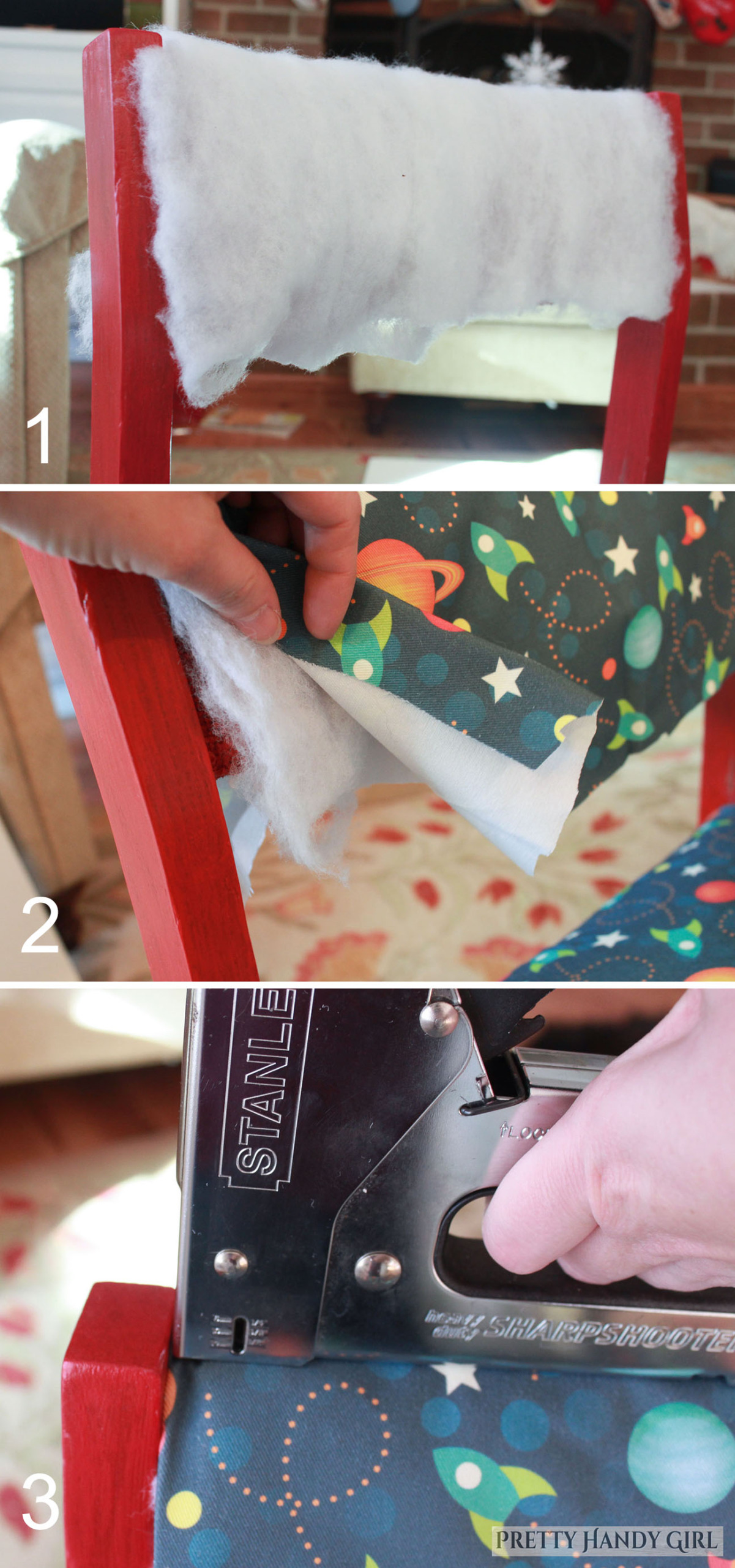 adding new batting to the chair back, cutting fabric to fit over batting, and stapling the top of the back to hold fabric in place