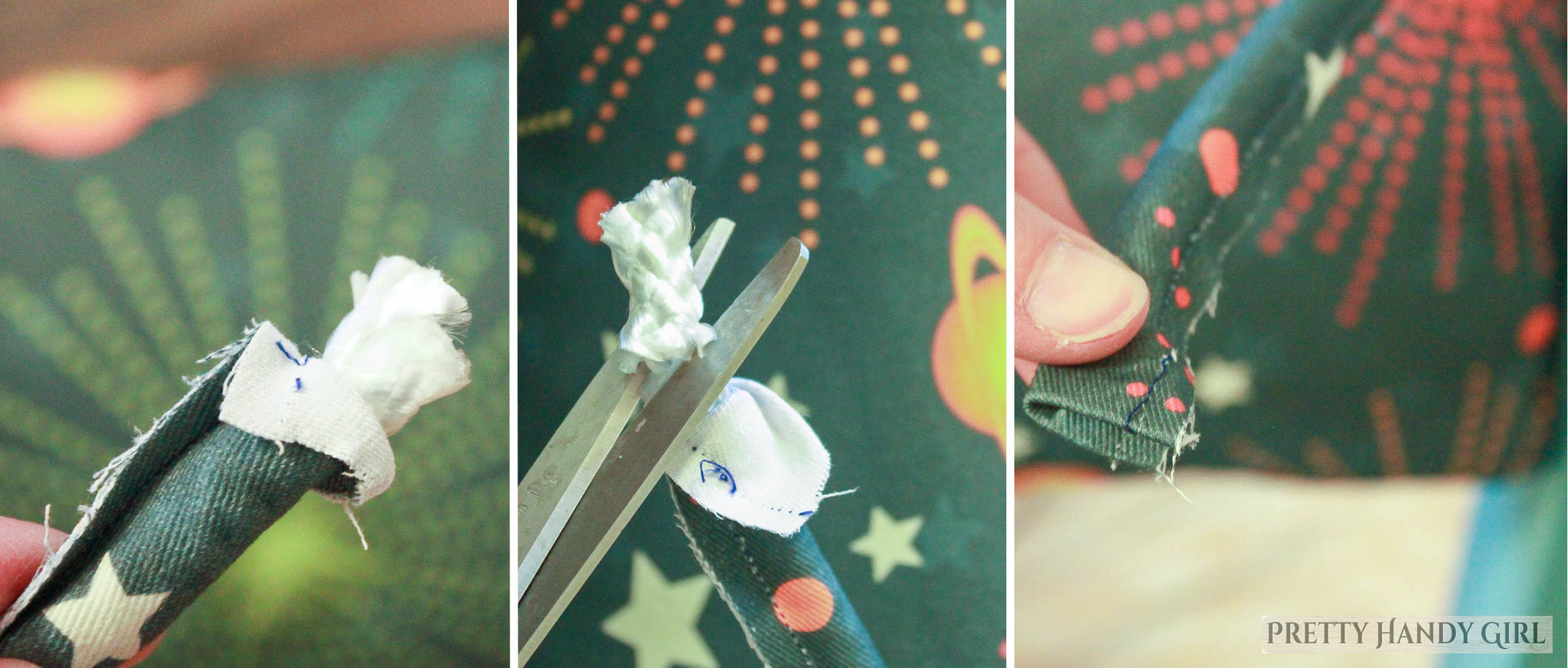 roll back edge, cut excess rope, fold edge of piping