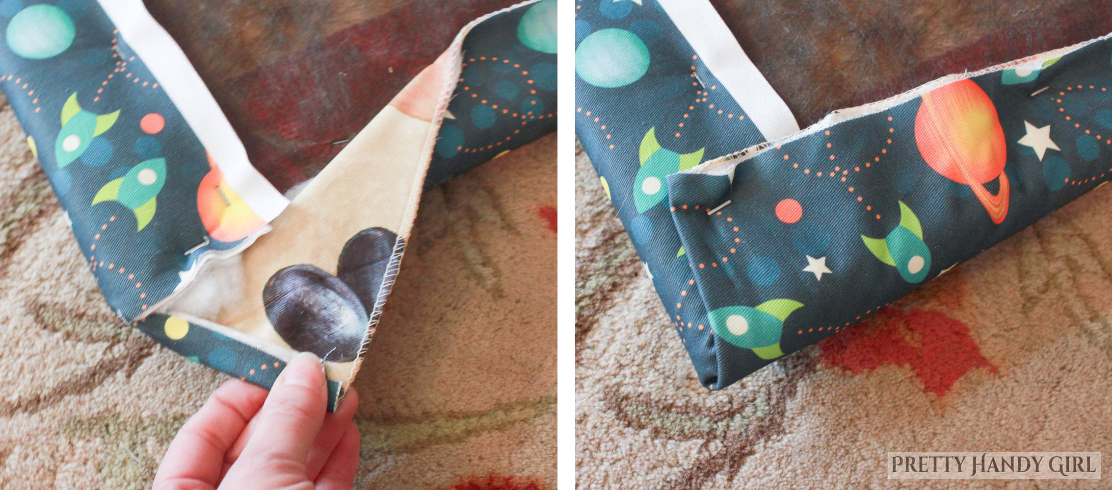 fold over fabric corners on seat cushion then staple