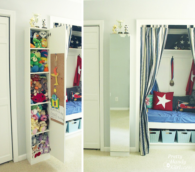 Wall-mounted IKEA LILLÅNGEN Mirrored Cabinet turned Stuffed Animal Storage | Pretty Handy Girl