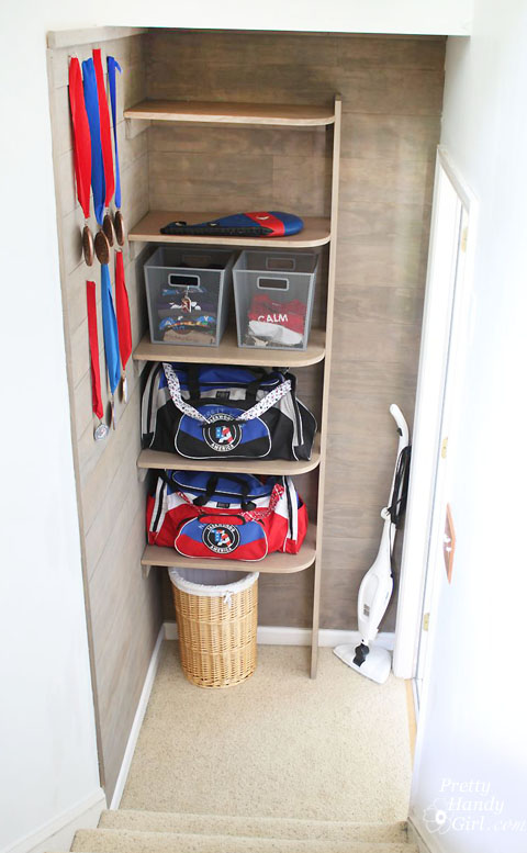 Sport Gear Storage Shelves in a Small Space | Pretty Handy Girl
