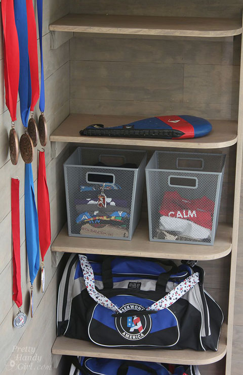 Sport Gear Storage Shelves in a Small Space | Pretty Handy Girl