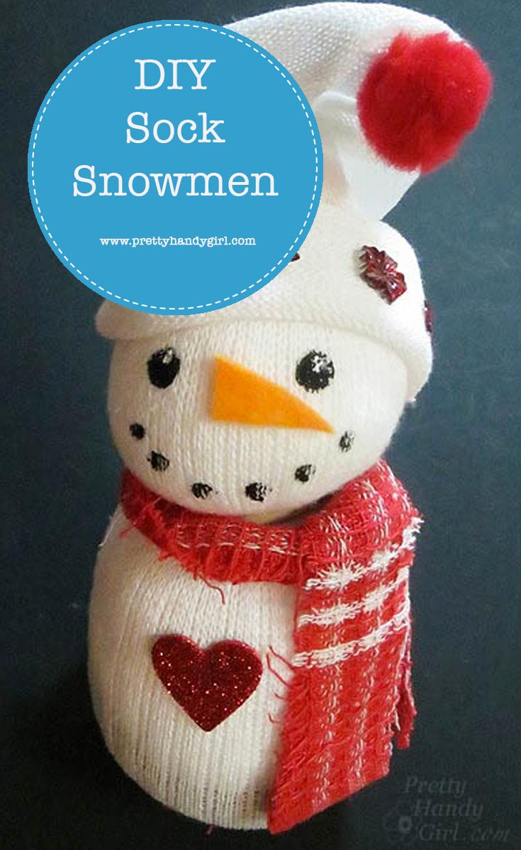 Easily make these super cute sock snowmen with this tutorial from Pretty Handy Girl! | Winter snowman craft | #prettyhandygirl #DIY #snowmancraft #crafttutorial