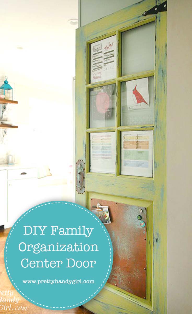 See how Pretty Handy Girl took an old door and turned it into a family organization center | DIY command center | DIY family organization center #prettyhandygirl #DIY #familycommandcenter #familyorganizationcenter