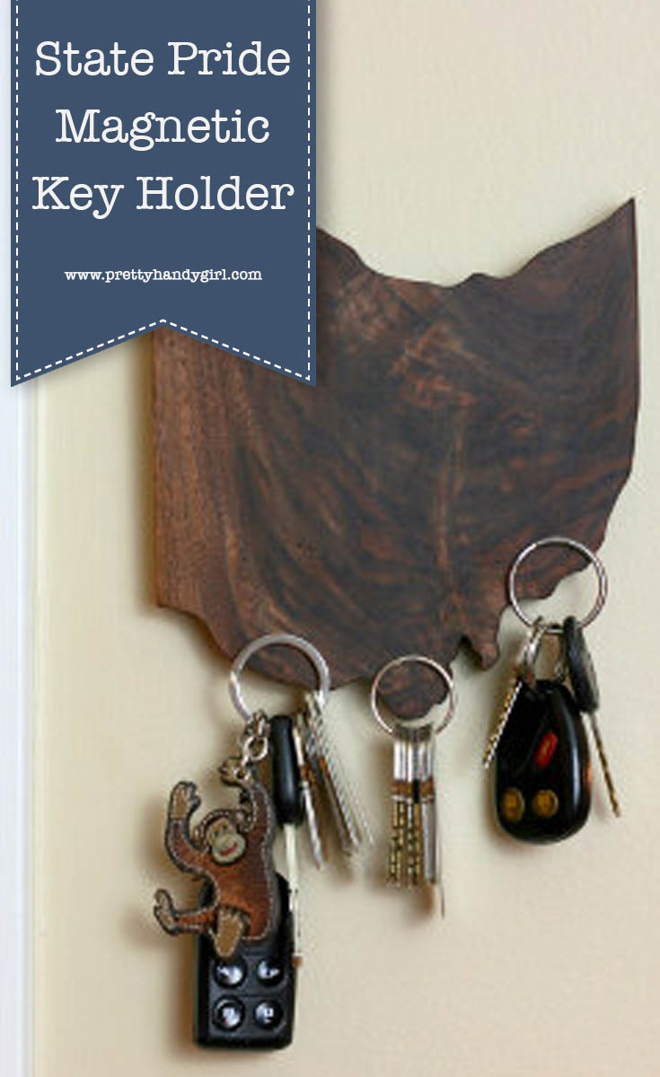 Easily DIY this State Pride Magnetic Key Holder with this tutorial from Pretty Handy Girl! And if you look close you'll notice that it's magic because there are no hooks in sight! | Hookless key holder | Magnetic key holder #prettyhandygirl #DIY #keyholder #woodproject
