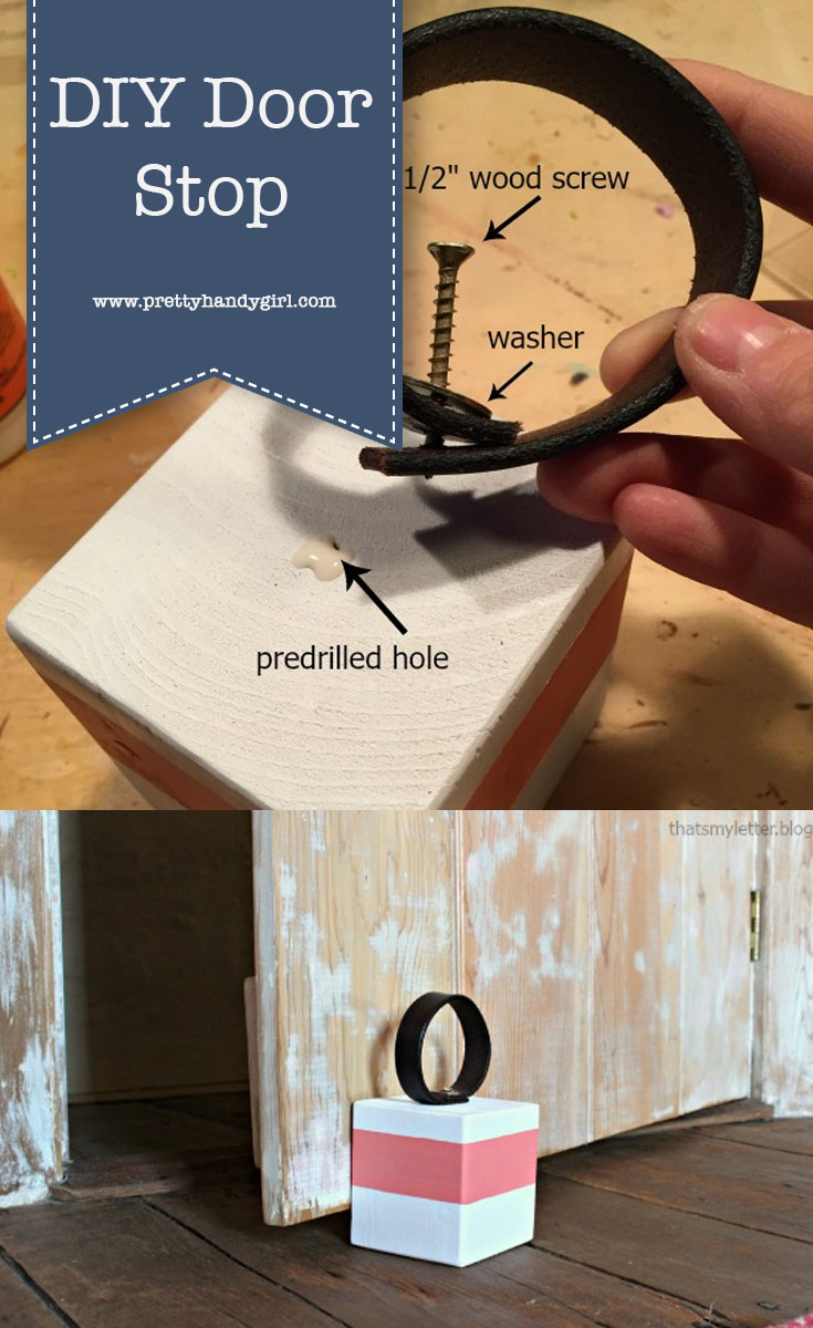 Follow along with this step by step tutorial on how to make a DIY Door Stop with a Leather Handle. | Door stop tutorial | Pretty Handy Girl #prettyhandygirl #DIY #doorstop