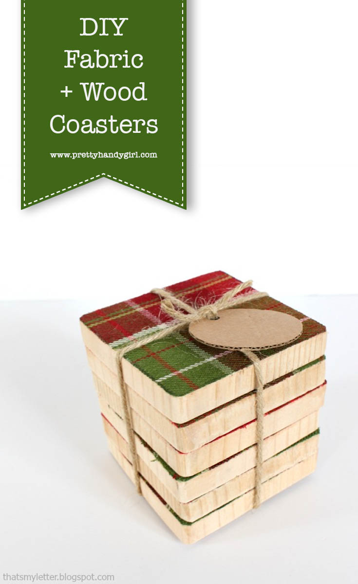 Need a quick and easy last minute gift idea? These fabric and wood coasters add just a touch of holiday cheer to any coffee table and you just might already have the supplies on hand to make them! | DIY gift idea | DIY holiday gift | Pretty Handy Girl #prettyhandygirl #DIYgift #handmadegift #holidaygift