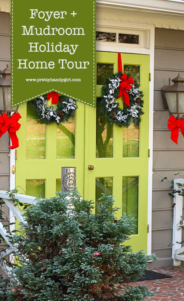 Add holiday charm to your foyer and mudroom with these holiday home decor ideas from Pretty Handy Girl | holiday foyer | holiday mudroom | mudroom decor #prettyhandygirl #holidayhome #holidaymudroom #holidayfoyer#holidaydecor