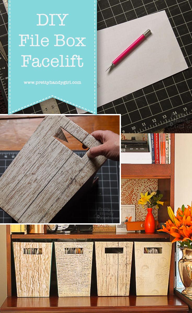 Easily update file boxes without buying new ones with this easy File Box Makeover tutorial from Pretty Handy Girl! | #DIY #prettyhandygirl #organization