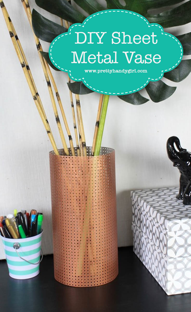 Decorative sheet metal and spray paint are all you need to upgrade that boring glass vase! | DIY flower vase | Pretty Handy Girl #prettyhandygirl #DIY #craft