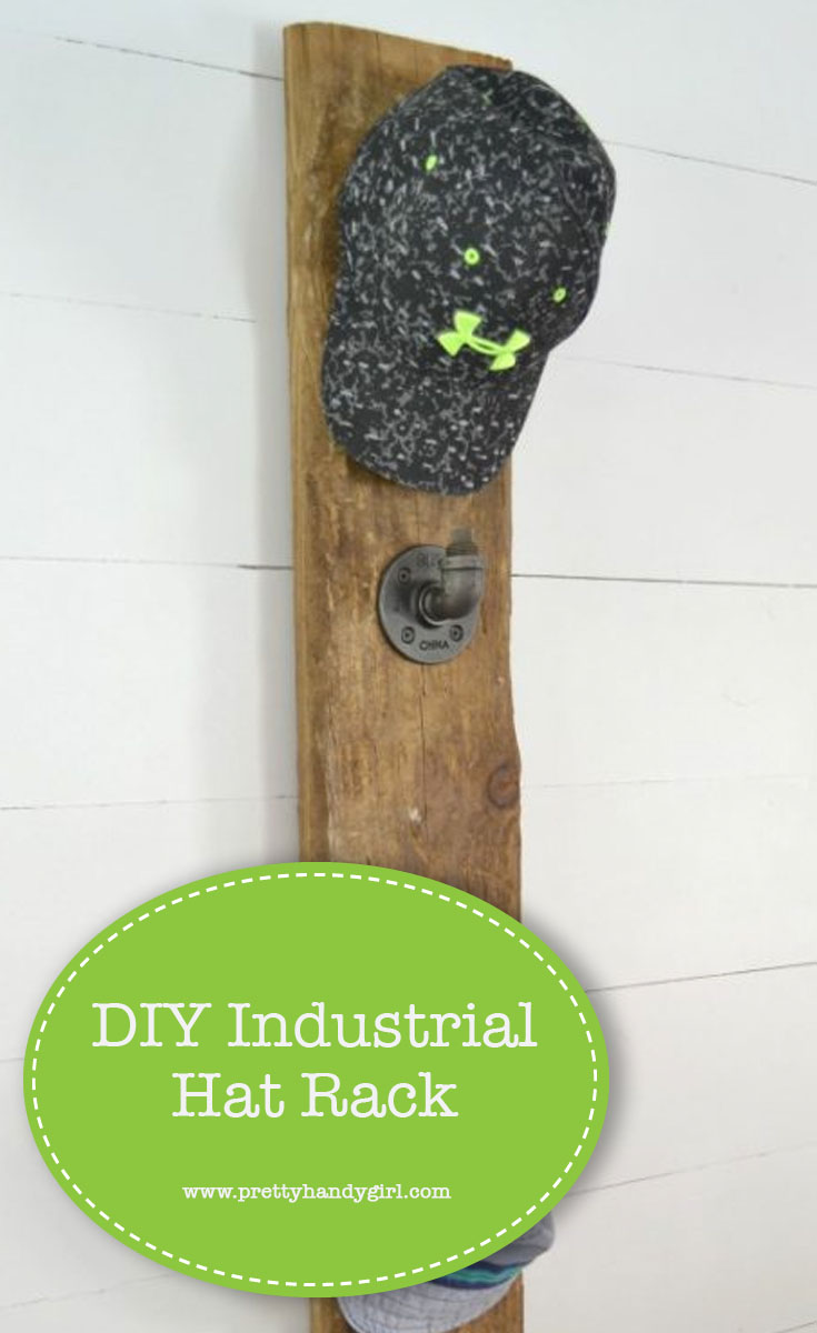 How to build an industrial hat rack to keep all your hats organized. | Industrial DIY project | DIY hat rack | Pretty Handy Girl #prettyhandygirl #DIY #industrialdecor #homeorganization