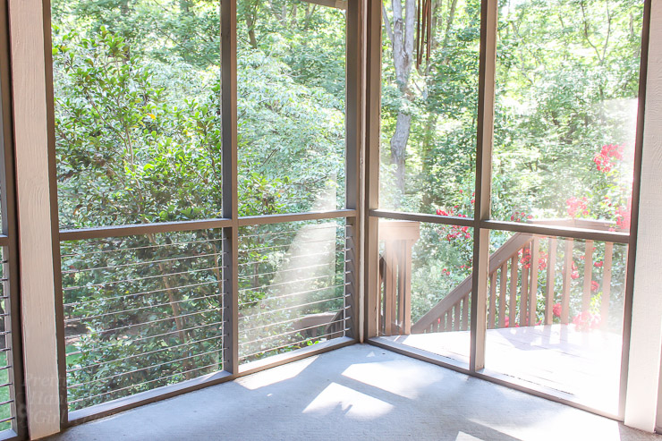 This Drab Screen Porch got a major Makeover with pops of Aqua and Green! Yummy Color!