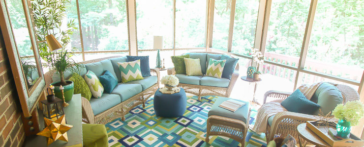This Drab Screen Porch got a major Makeover with pops of Aqua and Green! Yummy Color!