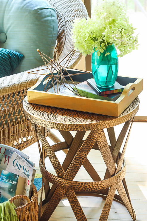 This Drab Screen Porch got a major Makeover with pops of Aqua and Green! Yummy Color!