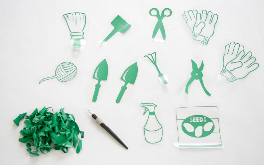Each design corresponds to an item to be stored in the hanging garden tool organizer.
