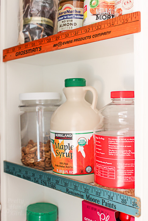 Vintage Ruler Stops on the Narrow Pantry Shelves | Pretty Handy Girl