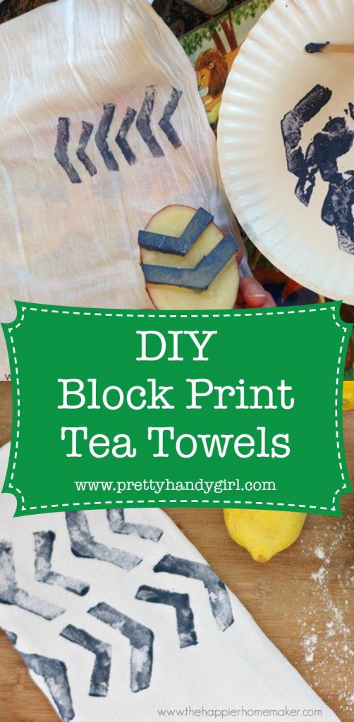 white tea towel with paint block print