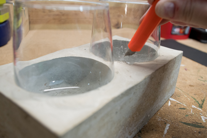 DIY Concrete Desk Organizer- use retractable knife to clean off glass