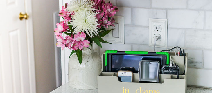 plugged in devices in desktop organizer charging station
