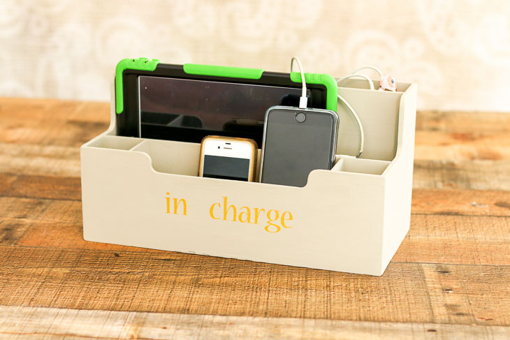 devices sitting in desk top charging organizer