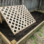 raised garden bed with cucumber trellis