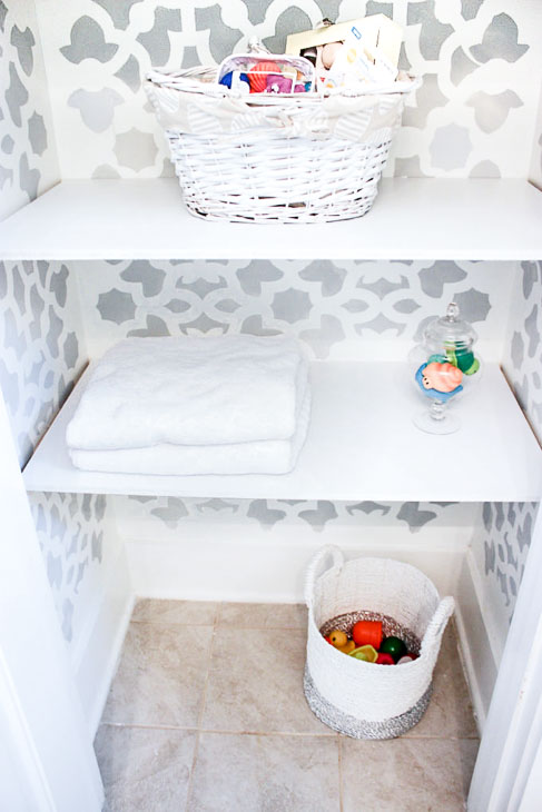 stencil background custom storage shelves