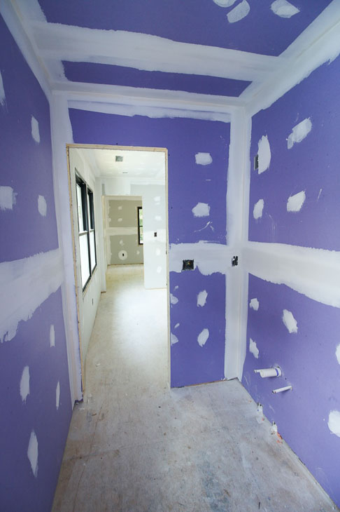 purple drywall in bathroom
