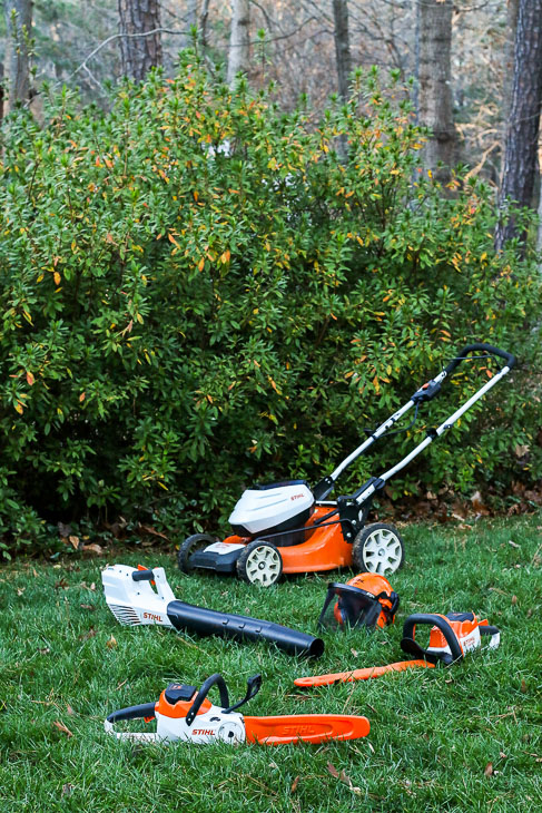 STIHL battery powered tools: mower, blower, hedge trimmer, and chainsaw