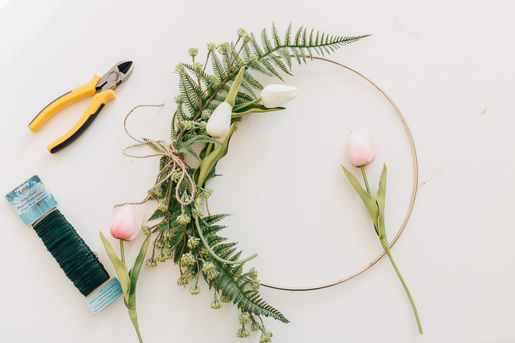 Faux Tulips add a nice touch to your hoop wreath