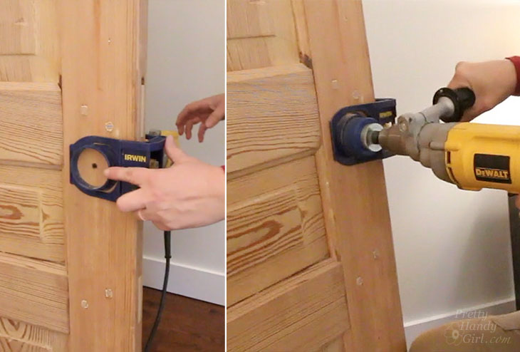 Small center bit hole drilled through door, switch sides to drill door knob hole