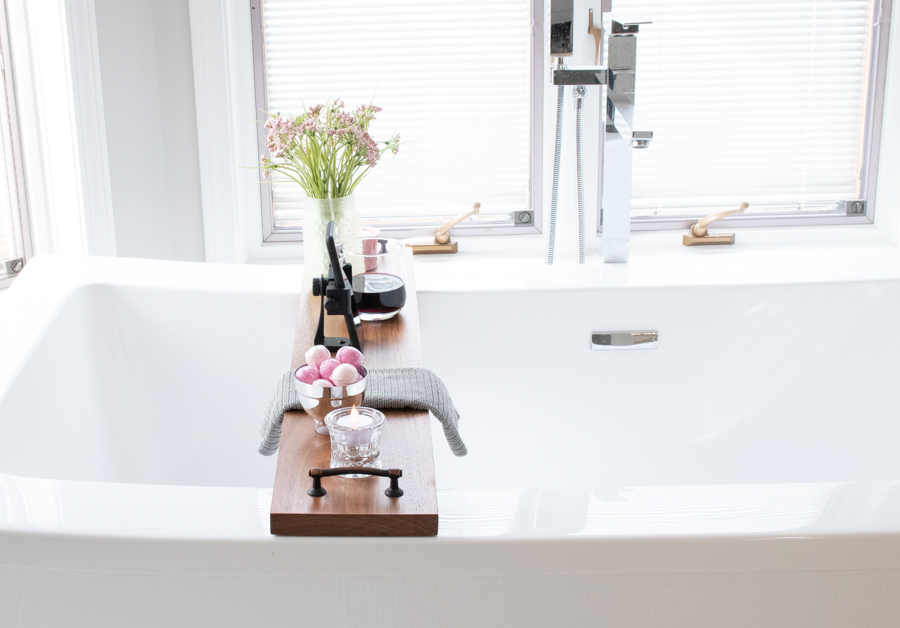 diy bath tray from side angle