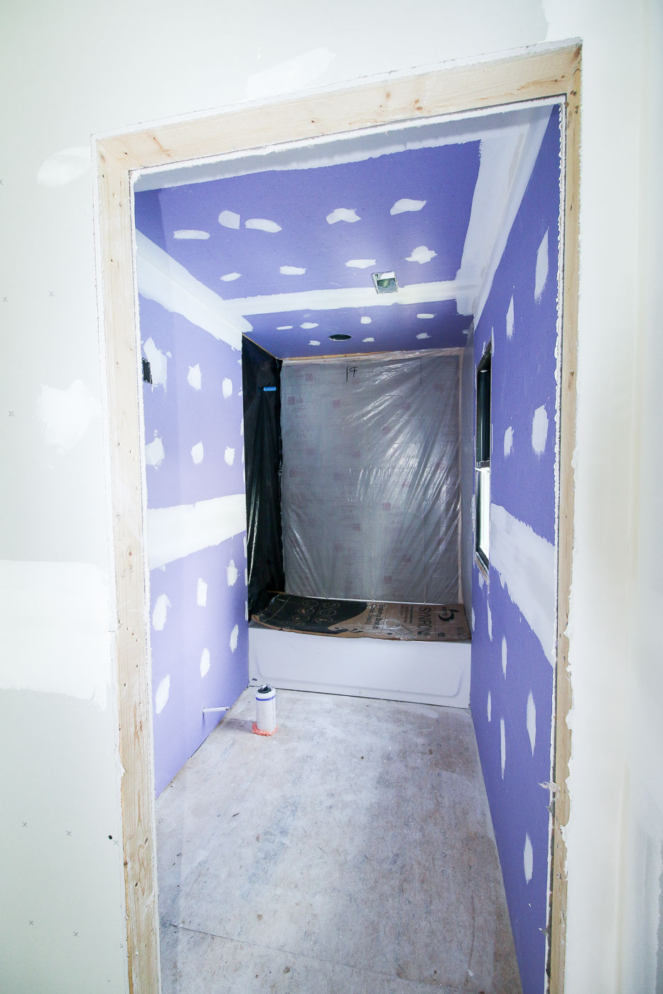 Upstairs Bathroom Purple Drywall Installed