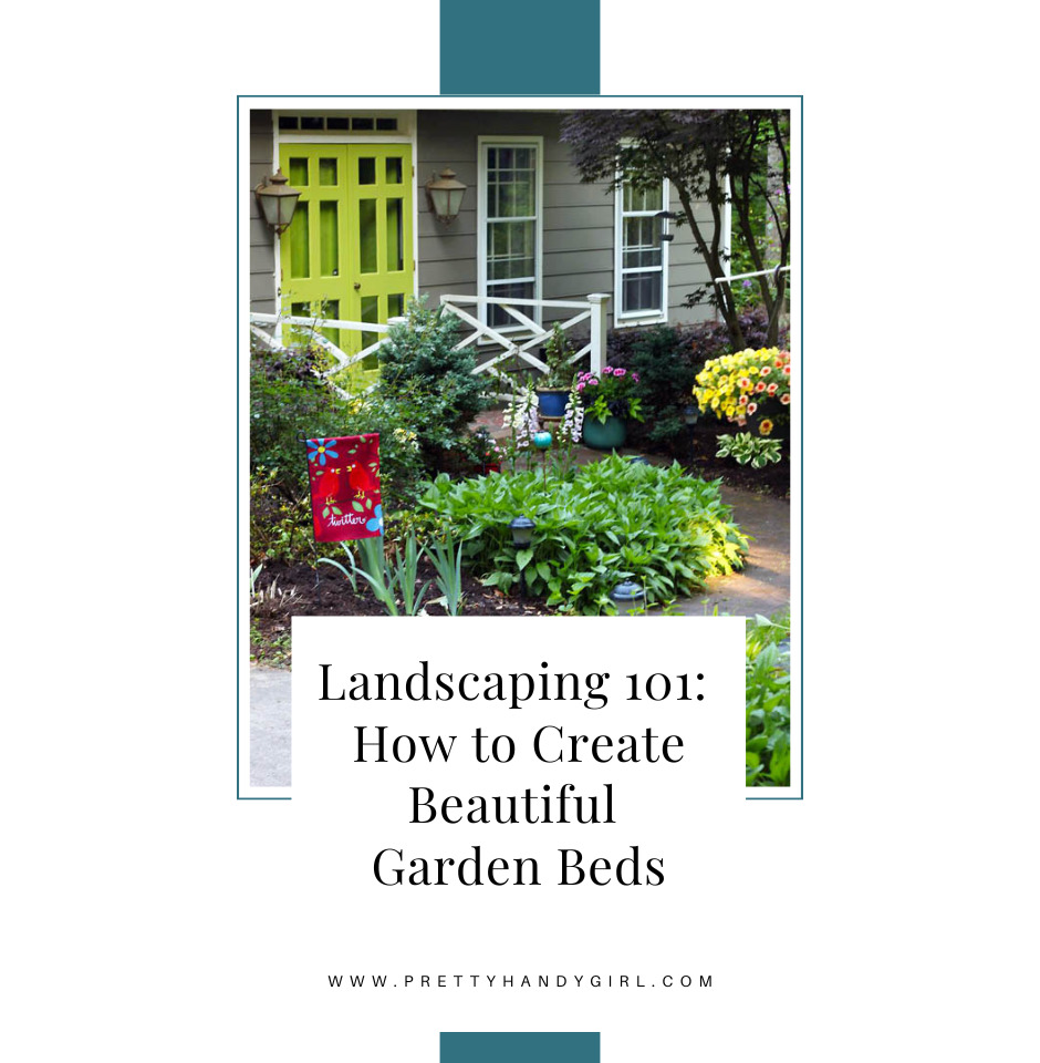 beautiful flowering bushes and flowers in front of a green door and gray shuttered house