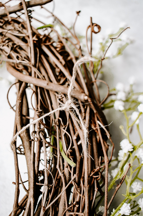 Close up of jute ribbon used for hanging wreath
