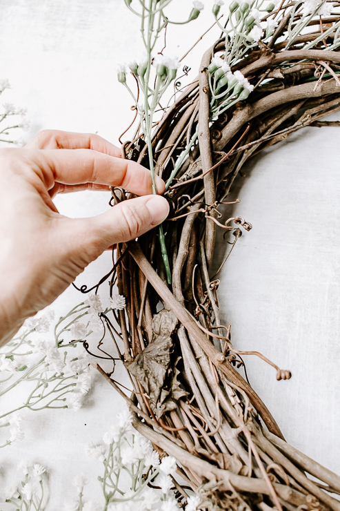 Insert Faux Florals into Grapevine Wreath