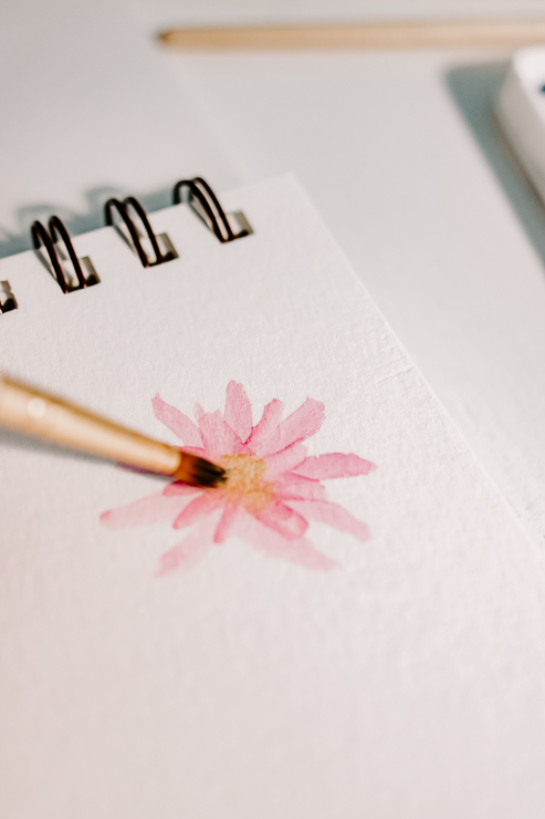 painting a pink watercolor daisy