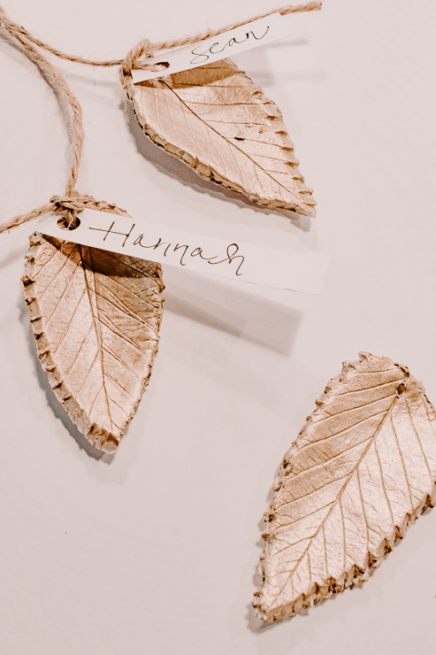view of gold painted clay leaves