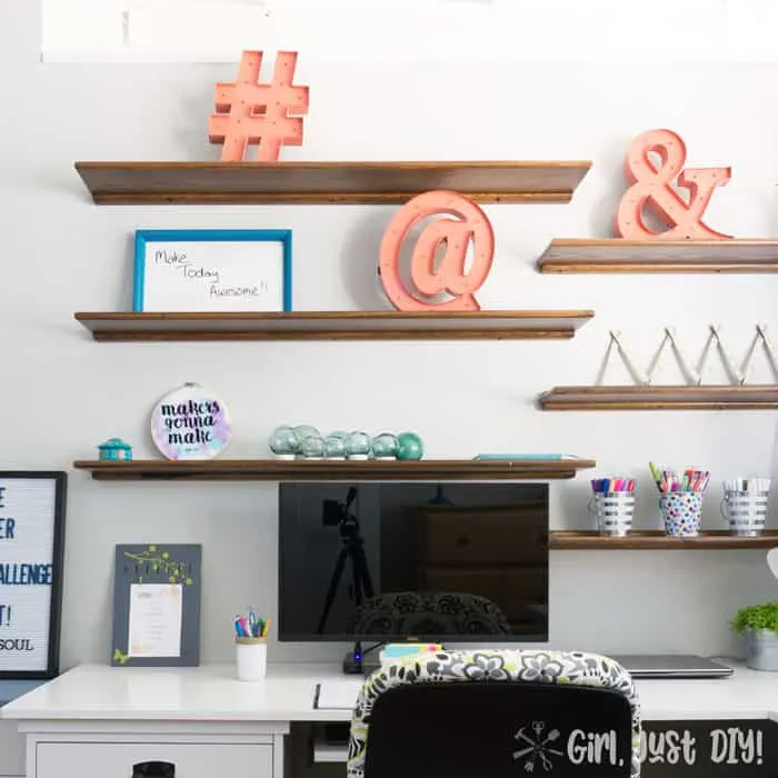 refinished shelves above desk