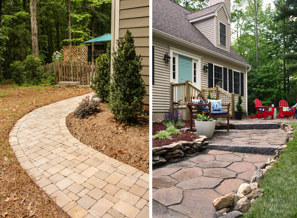 cobblestone concrete paver pathway and organic shaped larger paver walkway