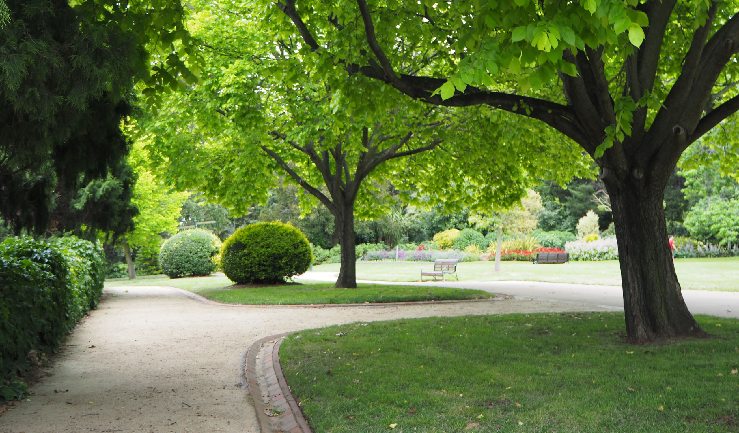 crushed stone pathway lined with bricks and trees. Park setting