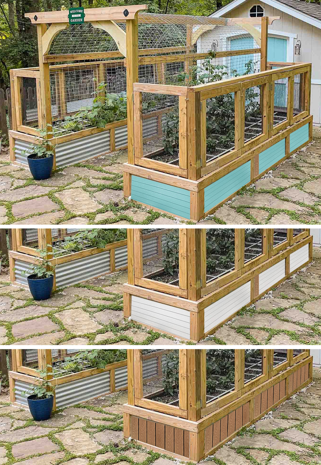 alternate raised garden bed materials. - PVC panel, siding, and corrugated metal roofing material