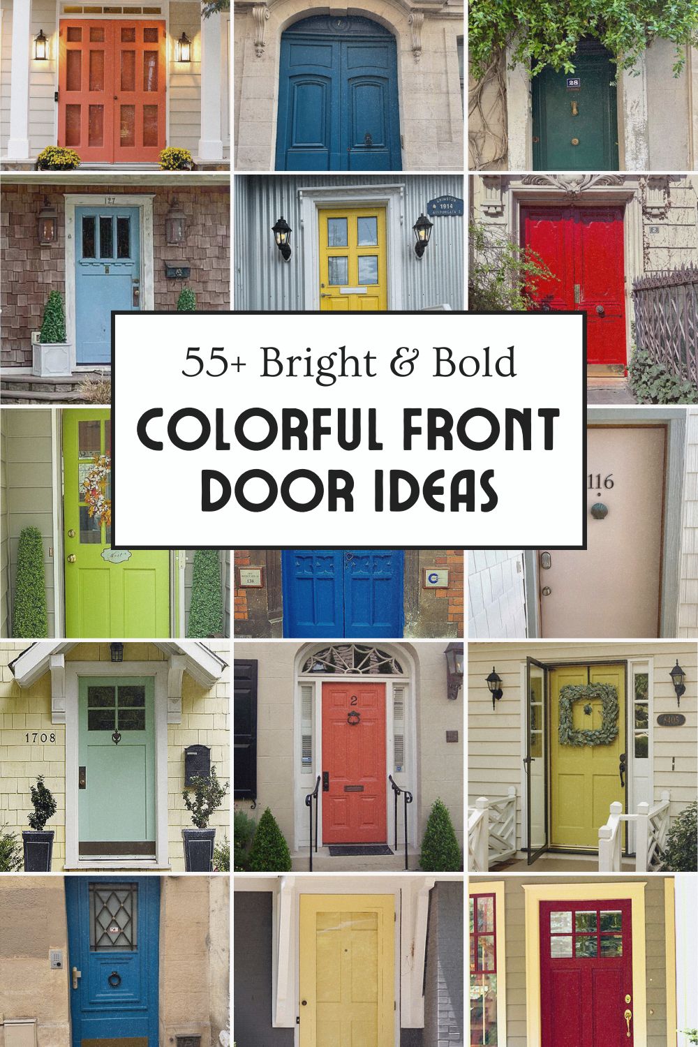 vertical collage with colorful front door ideas and text overlay
