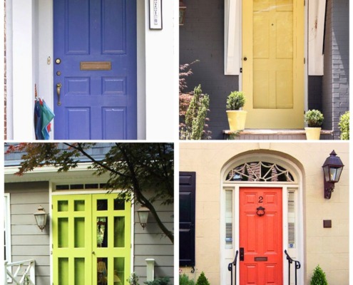 collage with 4 images featuring colorful front doors