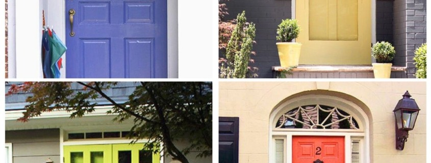 collage with 4 images featuring colorful front doors