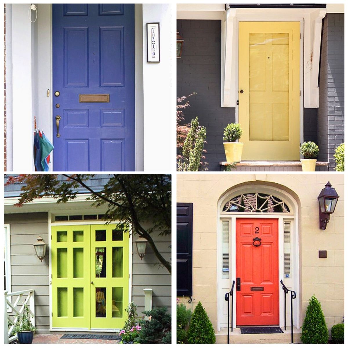 4 image collage with colorful front doors