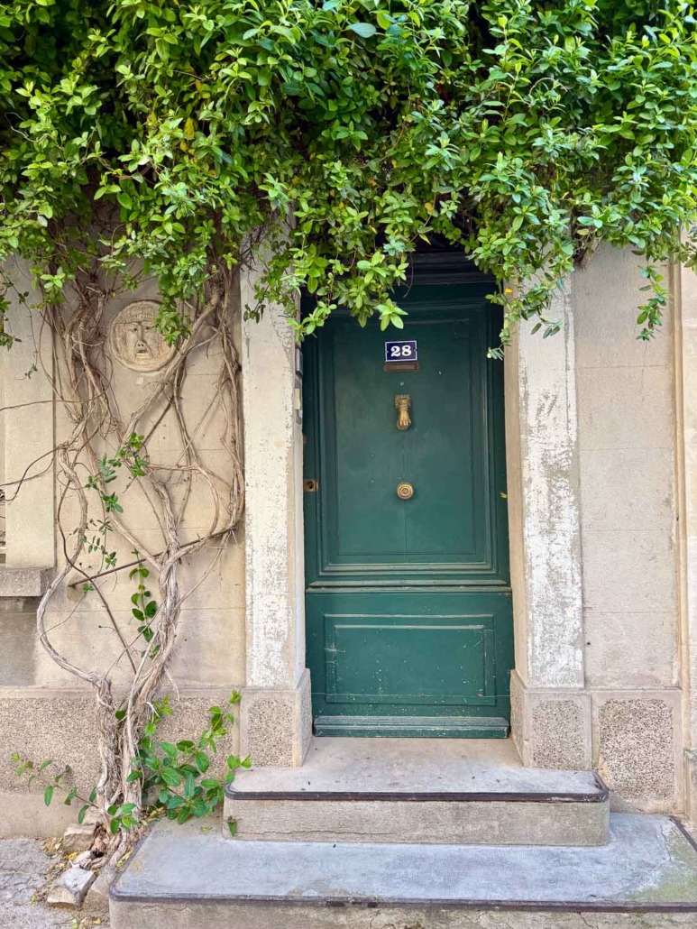 Cape Verde by Sherwin Williams - blue green door with climbing vines over front door shot in France